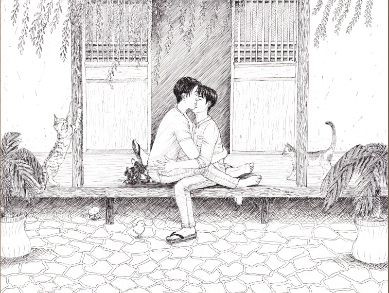 Wu Xie and Zhang Qiling kissing tenderly on a porch, cats and chicks around them